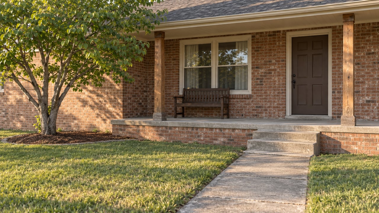 A modest brick home's cedar-post porch, concrete steps and front walk beyond an established lawn in warm afternoon light.