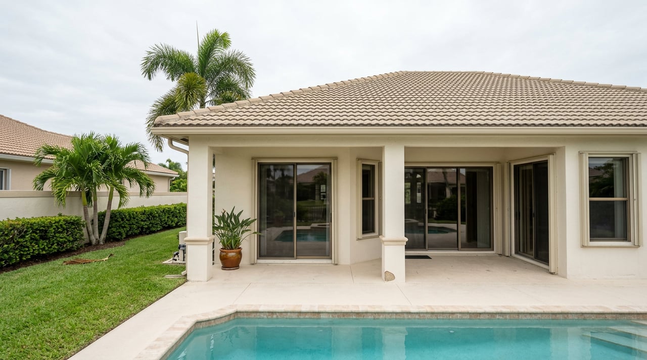 Coastal home with a tiled roof, covered lanai, sliding glass doors, tropical palms, and a pool in the foreground.