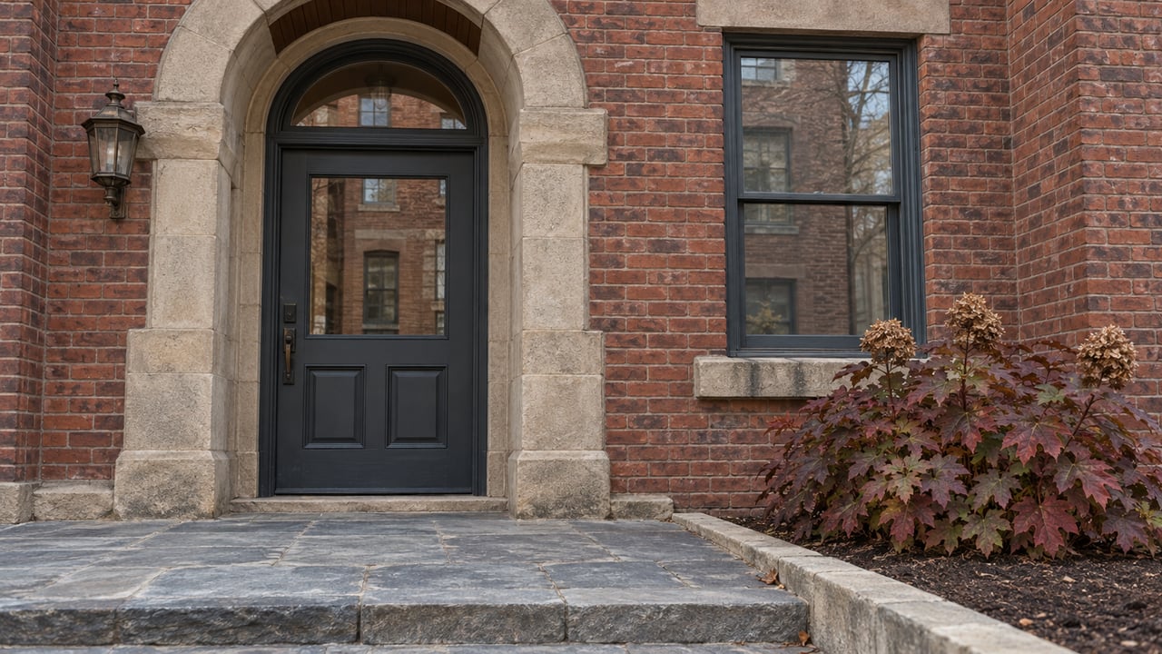 Red-brick condominium facade with a sandstone arched entry, charcoal door and window, and an oakleaf hydrangea beside a blue-gray stone approach.