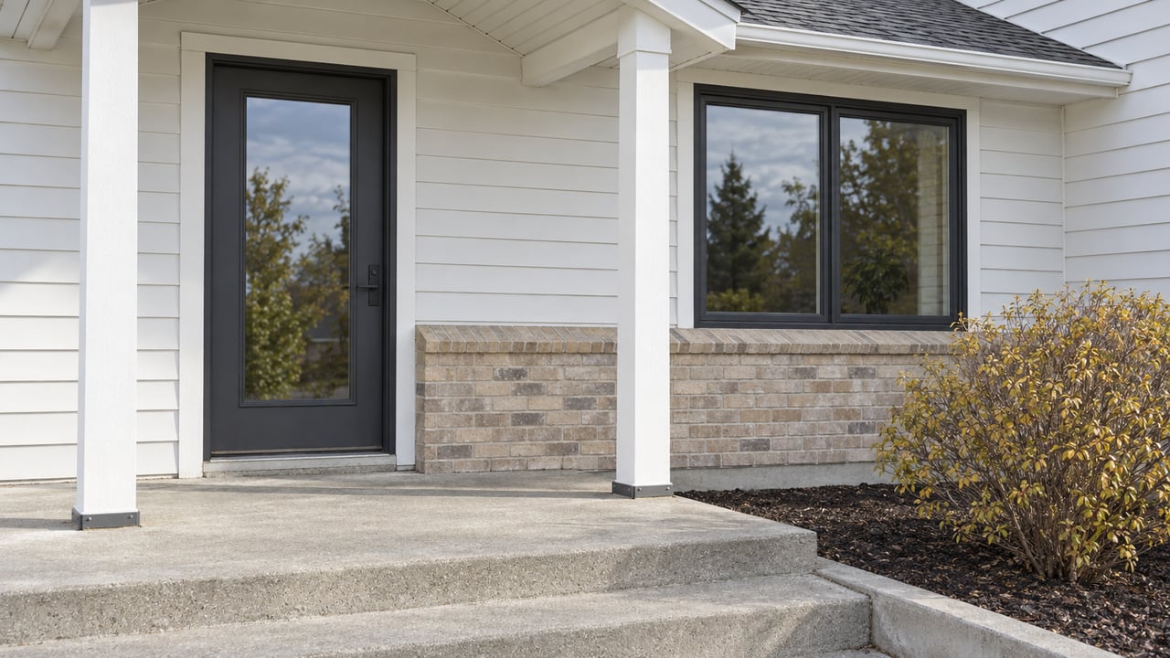 A sheltered home entry with a charcoal glazed door, white siding, buff brick and a broad concrete stoop beside an autumn lilac.