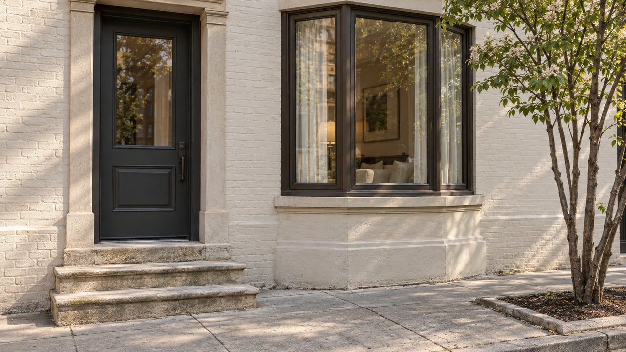 Townhouse facade with a charcoal door, projecting three-pane bay window, limestone steps, and a small street tree.