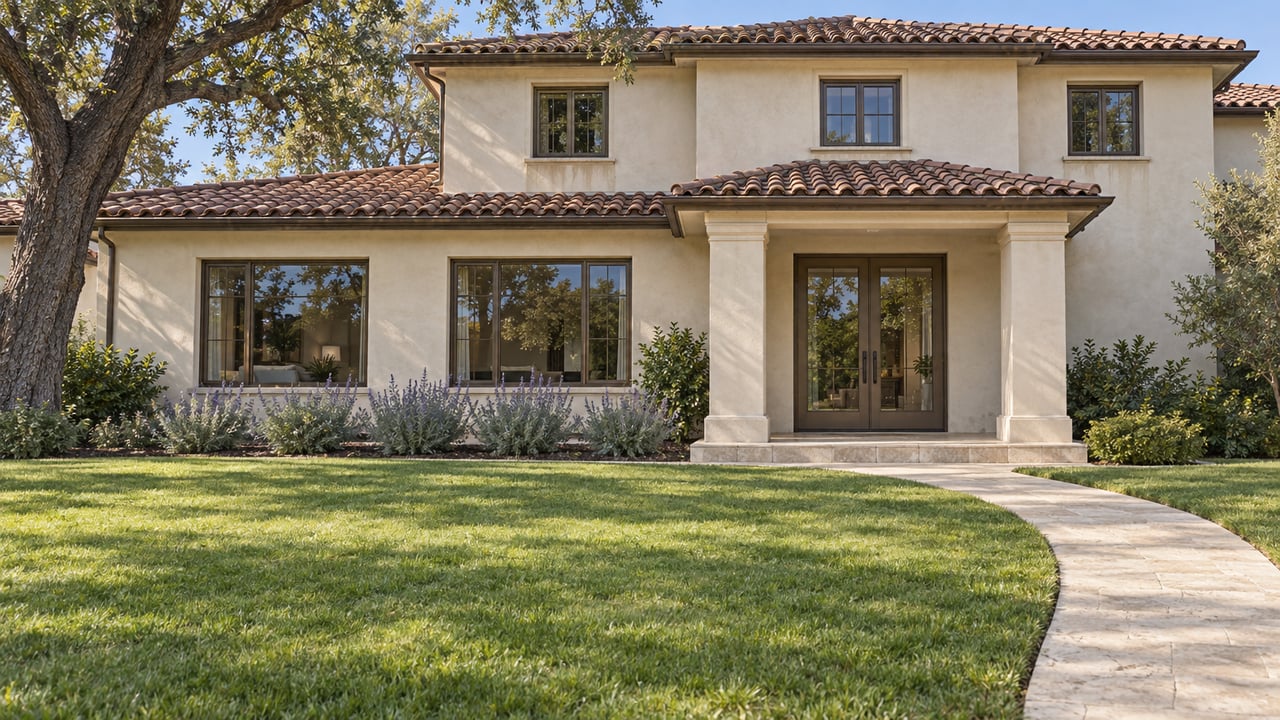 A deep lawn and curved stone walk lead to an ivory stucco house with clay roof tiles, bronze-framed windows and a mature oak.