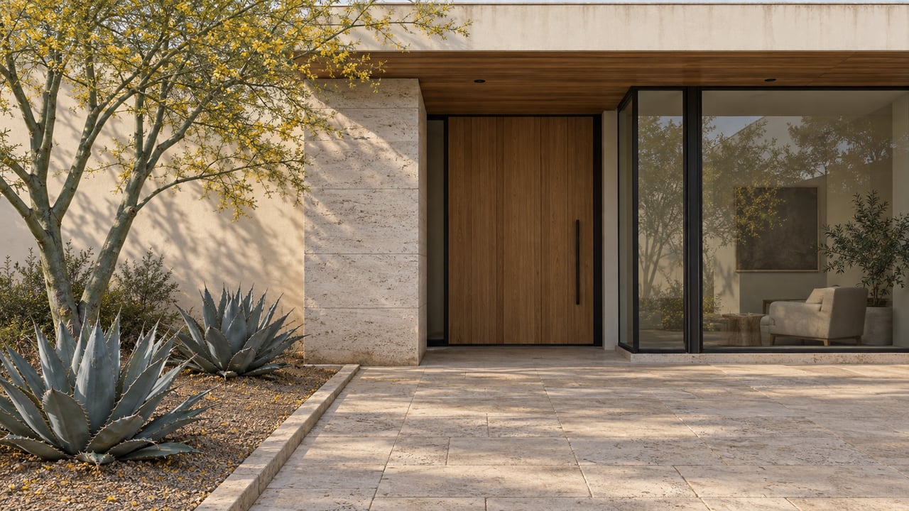 Warm stucco home with a cedar-lined overhang, limestone entry pier and paved courtyard beside a blue-green branching tree and two agaves.