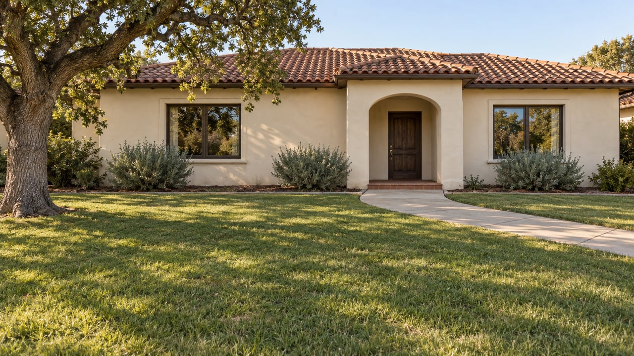 Light stucco home with a red clay tile roof, arched entry, broad lawn, and mature oak in warm afternoon light.
