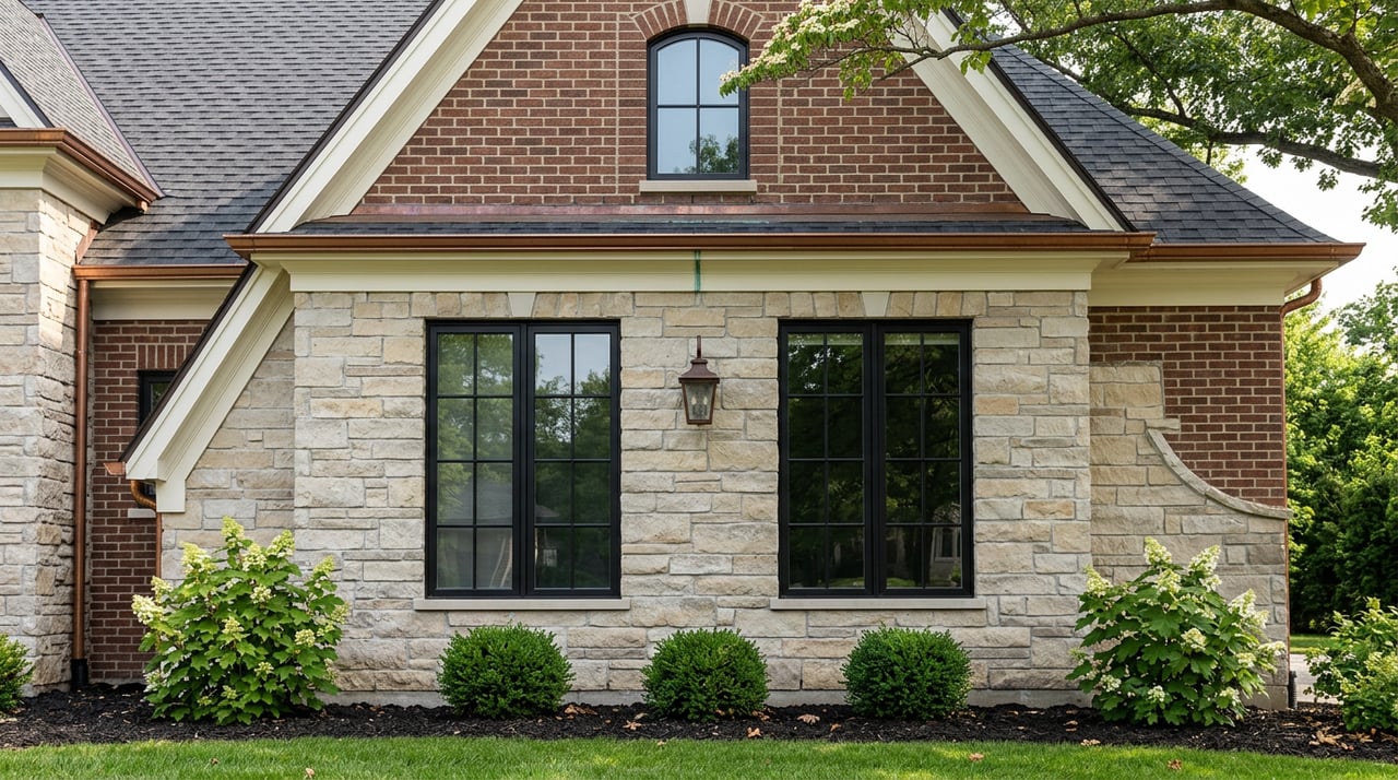 Steep-gabled stone-and-brick home bay with tall black-framed windows, an arched gable window, and clipped foundation shrubs.