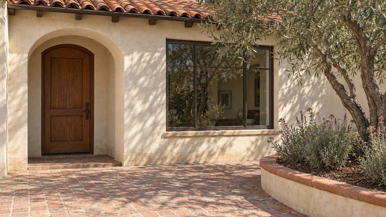 Sunlit stucco entry with an arched oak door, terracotta roof tiles and a mature olive tree above a brick courtyard.