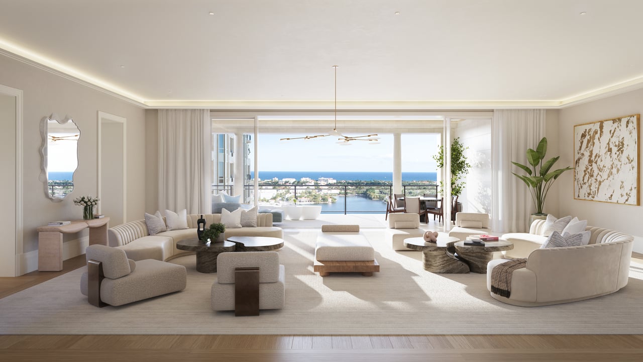 South Flagler House residence living room rendering in West Palm Beach.