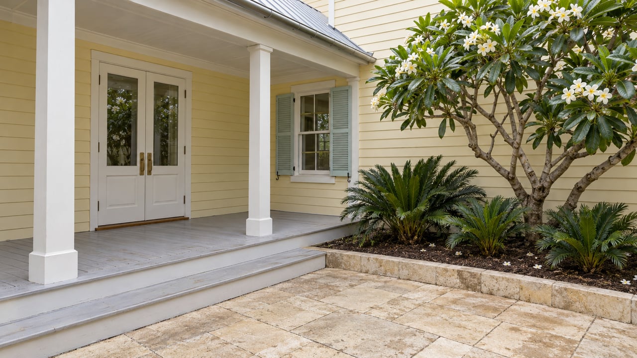 Butter-yellow clapboard home with white porch posts, aqua shutters, limestone courtyard paving and an ivory-flowering frangipani tree.