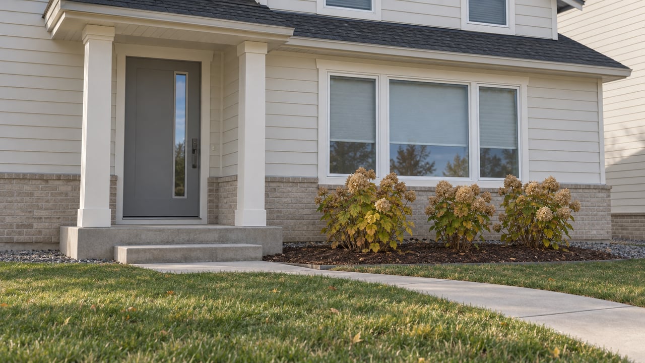 Autumn afternoon light on a newer home's pale siding, concrete entry steps, broad windows, and front lawn.
