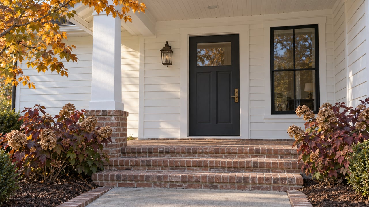 White-sided home entry with a charcoal door, weathered brick steps, and burgundy oakleaf hydrangeas under autumn leaves.