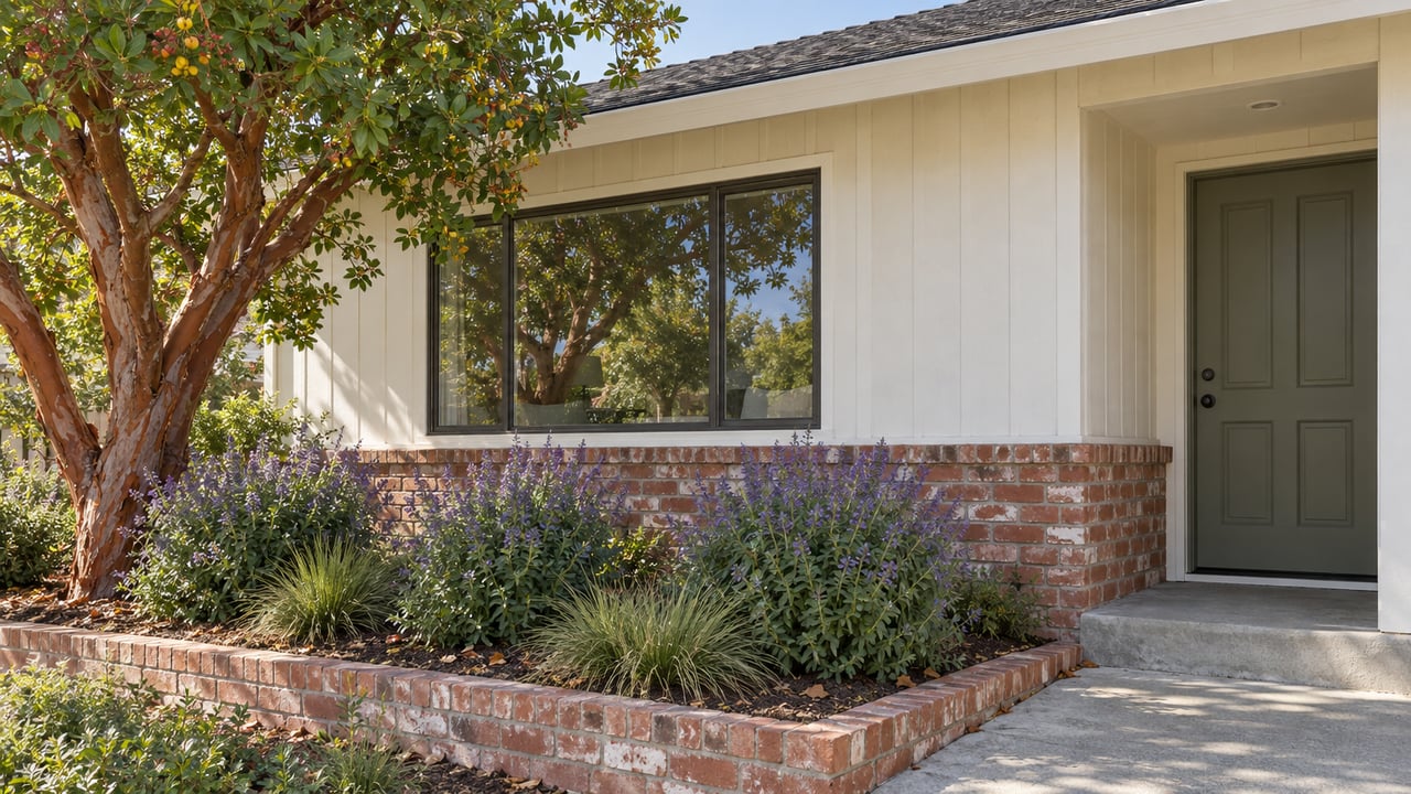 Off-white house corner with a recessed door, broad window, brick base, and a planted bed of shrubs and grasses.