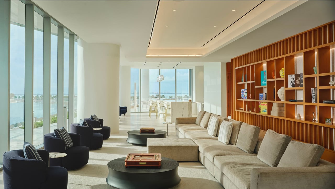 Owners’ Lounge at UNA Residences on the Brickell waterfront in Miami, Florida.