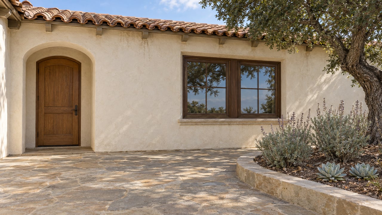 Warm stucco home with an arched oak door, clay roof tiles and a sandstone terrace beside a mature oak and drought-tolerant planting.