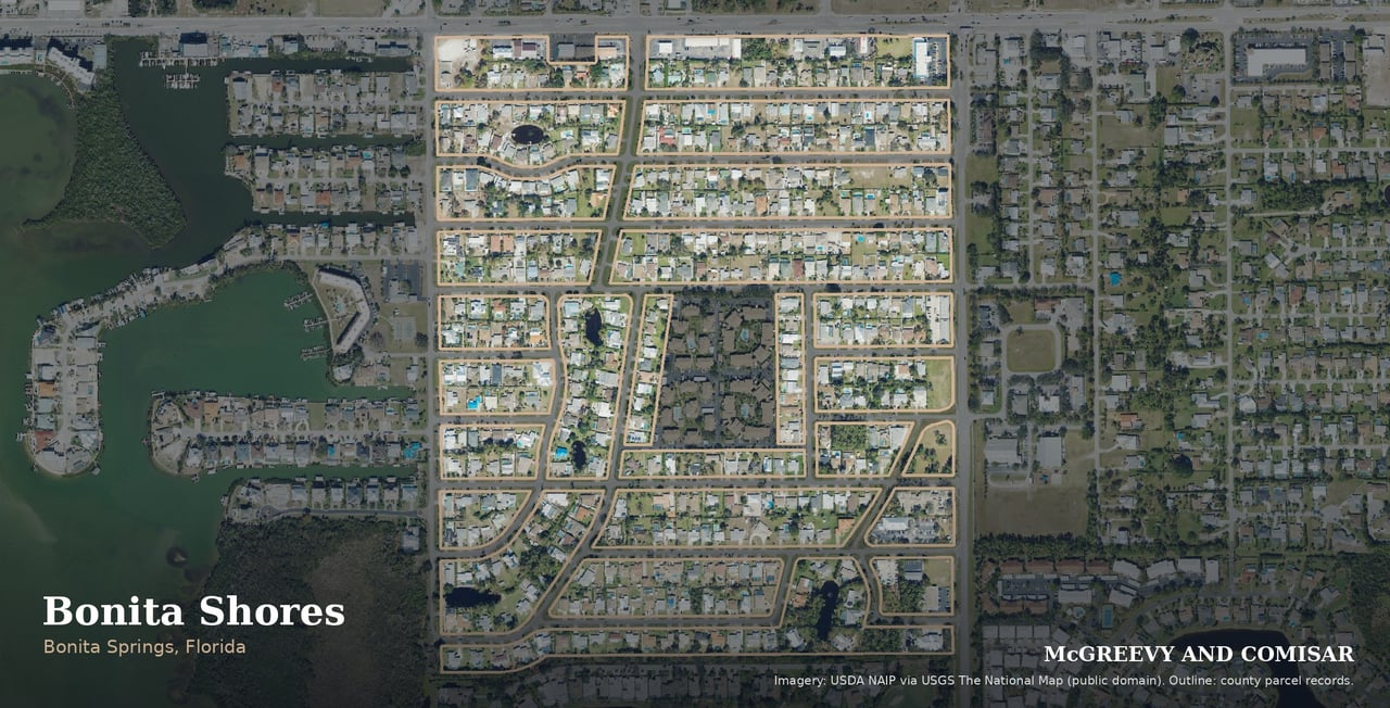 Bonita Shores, Bonita Springs, Florida, aerial with the neighborhood outlined from county parcel records