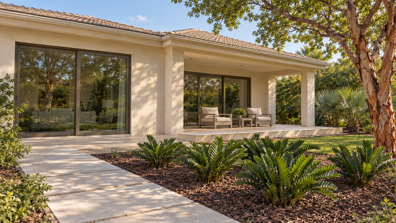 Ivory stucco home with closed bronze-framed glass doors, a limestone terrace and a sculptural copper-barked tree beside native planting.