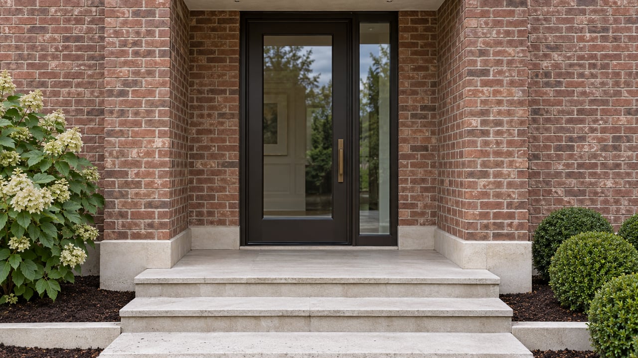 Brick home entrance with a recessed bronze-glazed door, limestone steps, and clipped boxwood shrubs.