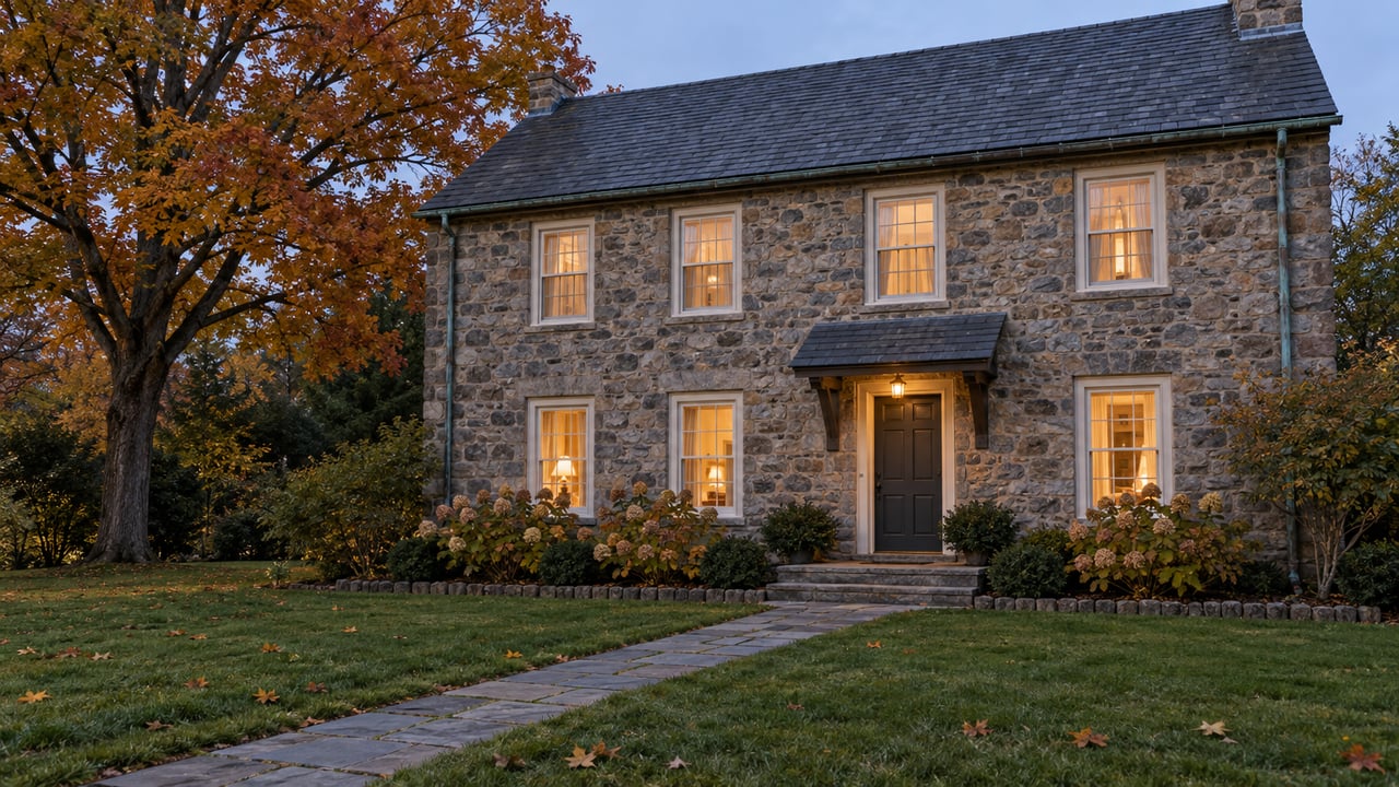 A weathered stone home with softly lit windows, a flagstone approach, and an amber sugar maple at blue hour.