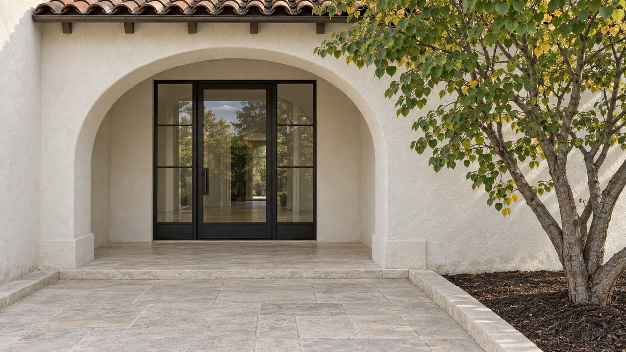 Spanish-style home entrance with an arched stucco entry, black glass doors, stone steps, and a leafy tree.