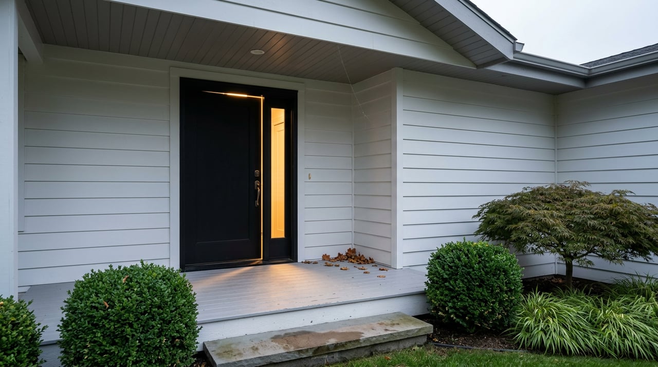 Modern farmhouse entry with a black-framed open door, warm interior glow, boxwoods, and a Japanese maple.