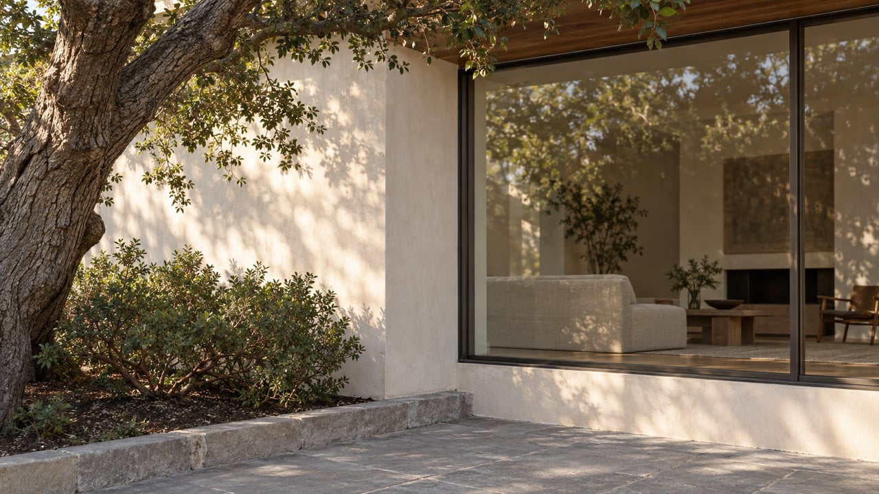 Bronze-framed picture window beside an ivory stucco wall, shaded by oak branches above a limestone path and planted bed.