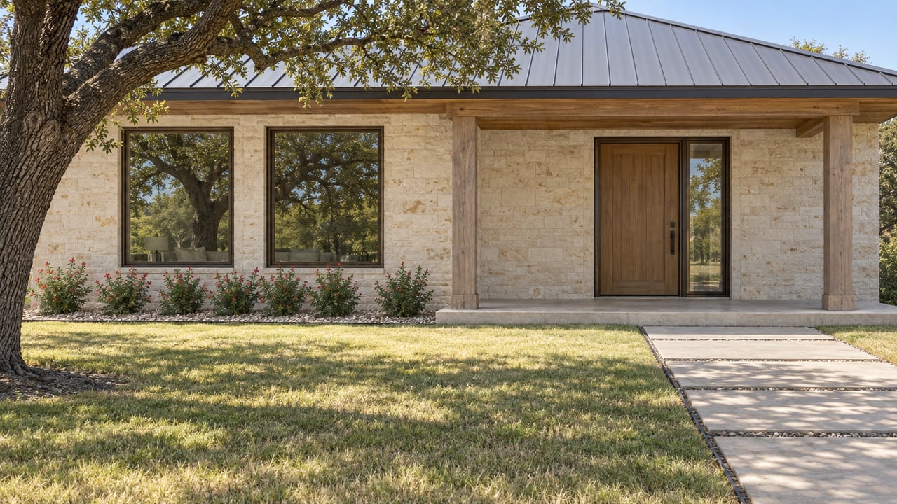 Limestone and cedar home with a shaded covered porch, bronze-framed windows and a broad lawn beneath a mature live oak.