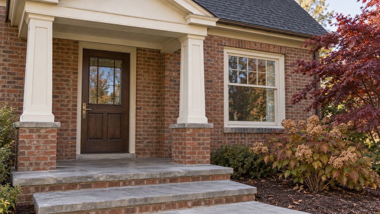 Brick home's ivory-trimmed entry porch with gray stone steps, an oak door and burgundy autumn planting.