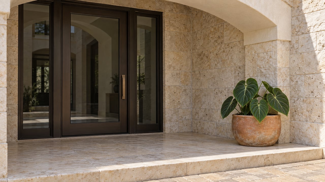 Cream stucco arch framing a recessed limestone entry with a bronze glazed door, pale stone landing and one leafy plant in a terracotta pot.