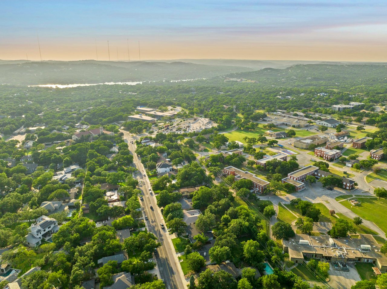 Aerial view toward the Texas Hill Country from 2404 Westover Rd, Tarrytown.