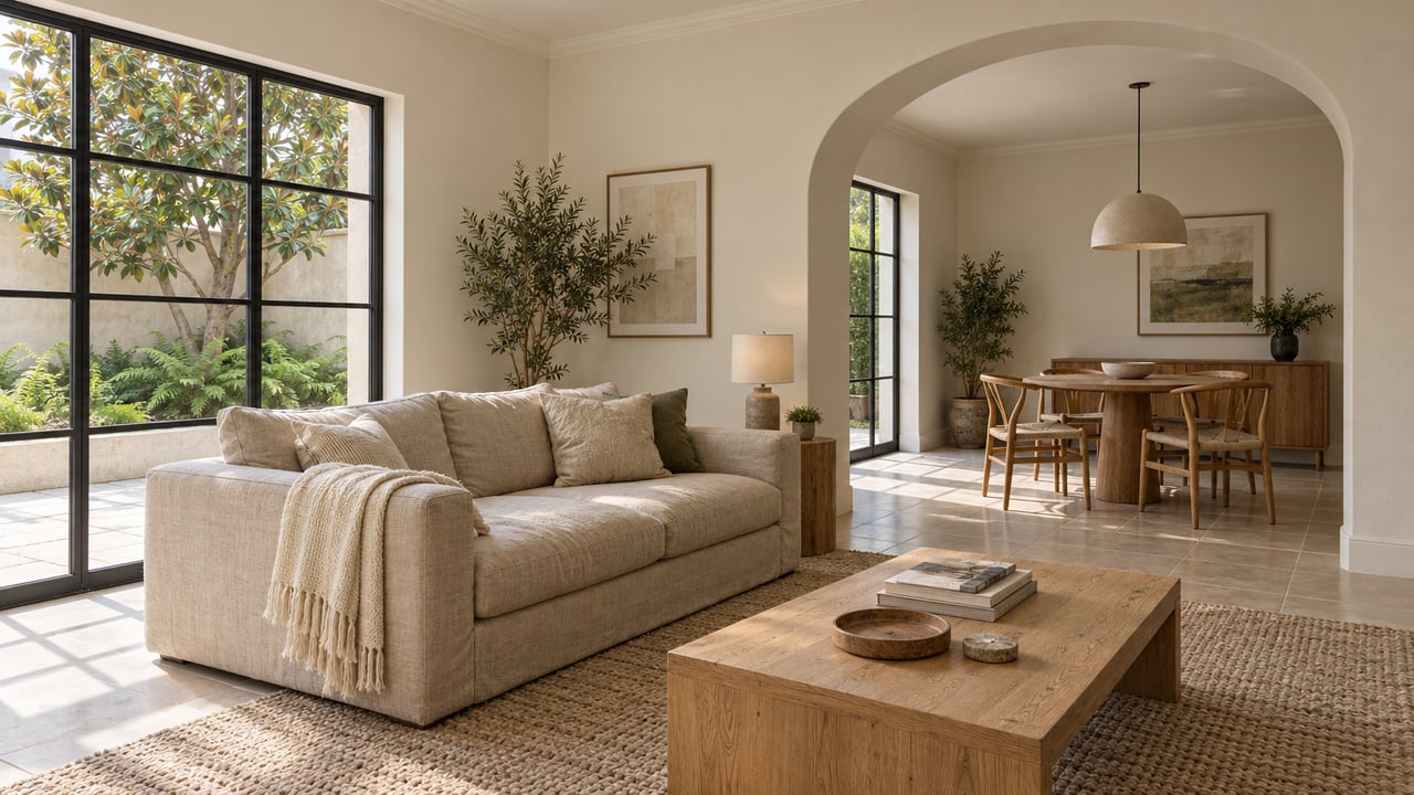 Bright living room with pale tile, an oatmeal sofa and an arched opening into an oak-furnished dining alcove, beside a black-framed garden window.