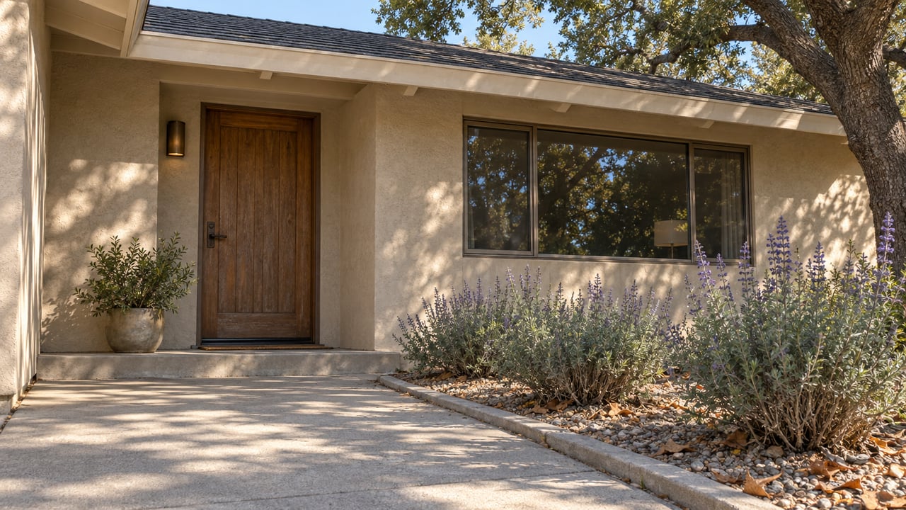 Sunlit stucco ranch entry with an oak door, broad roof eaves, a bronze-framed window and a mature oak beside a concrete approach.