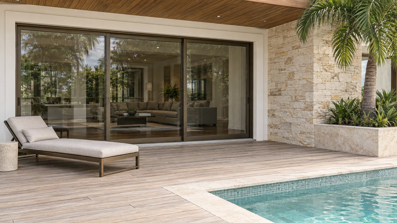 Covered terrace with bronze-framed glass doors, weathered teak decking, a limestone pier and the pale-aqua corner of a swimming pool.