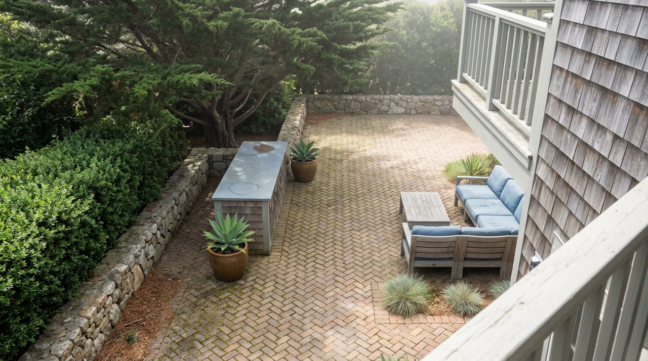 Coastal cottage terrace with herringbone brick pavers, a stone counter, gray teak seating, and an evergreen canopy.
