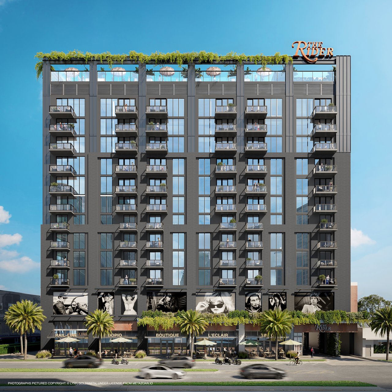The Rider Residences tower with glass balconies, rooftop greenery, and palm-lined storefronts.
