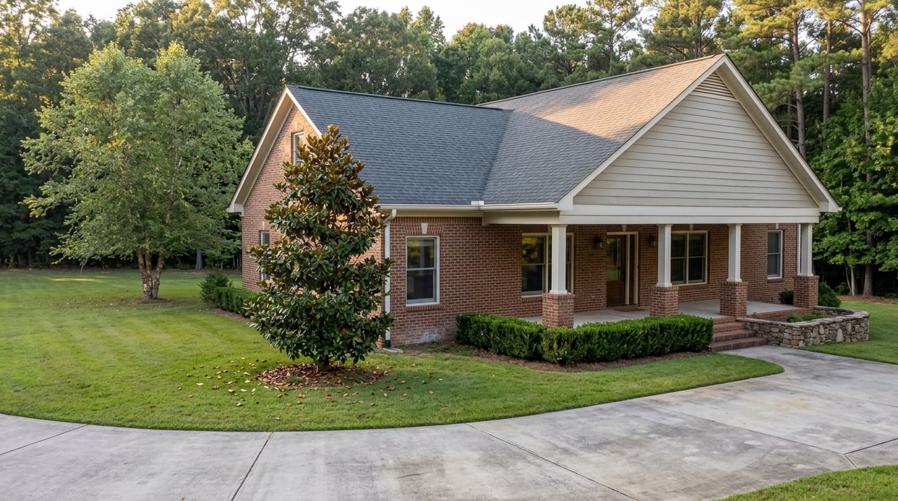 Brick house with a white-trimmed porch, set beyond a broad lawn beside a magnolia tree.
