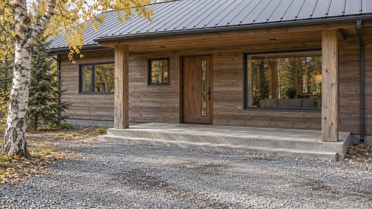 Weathered cedar home with a covered timber entrance, dark metal roof, raised concrete landing and yellow-leaved birch beside a gravel approach.