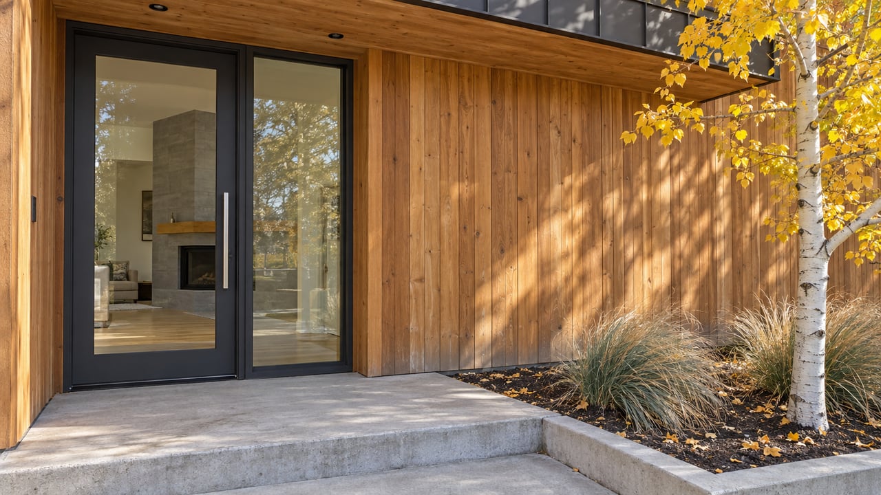 A cedar-clad contemporary entry with closed charcoal-framed glazing, a concrete landing and golden aspen leaves beside the doorway.