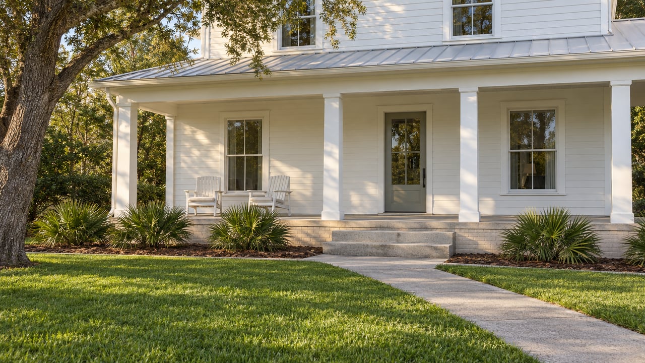 Light-painted house with a broad covered porch, two wood chairs, and a concrete walk through a deep lawn beneath a spreading live oak.
