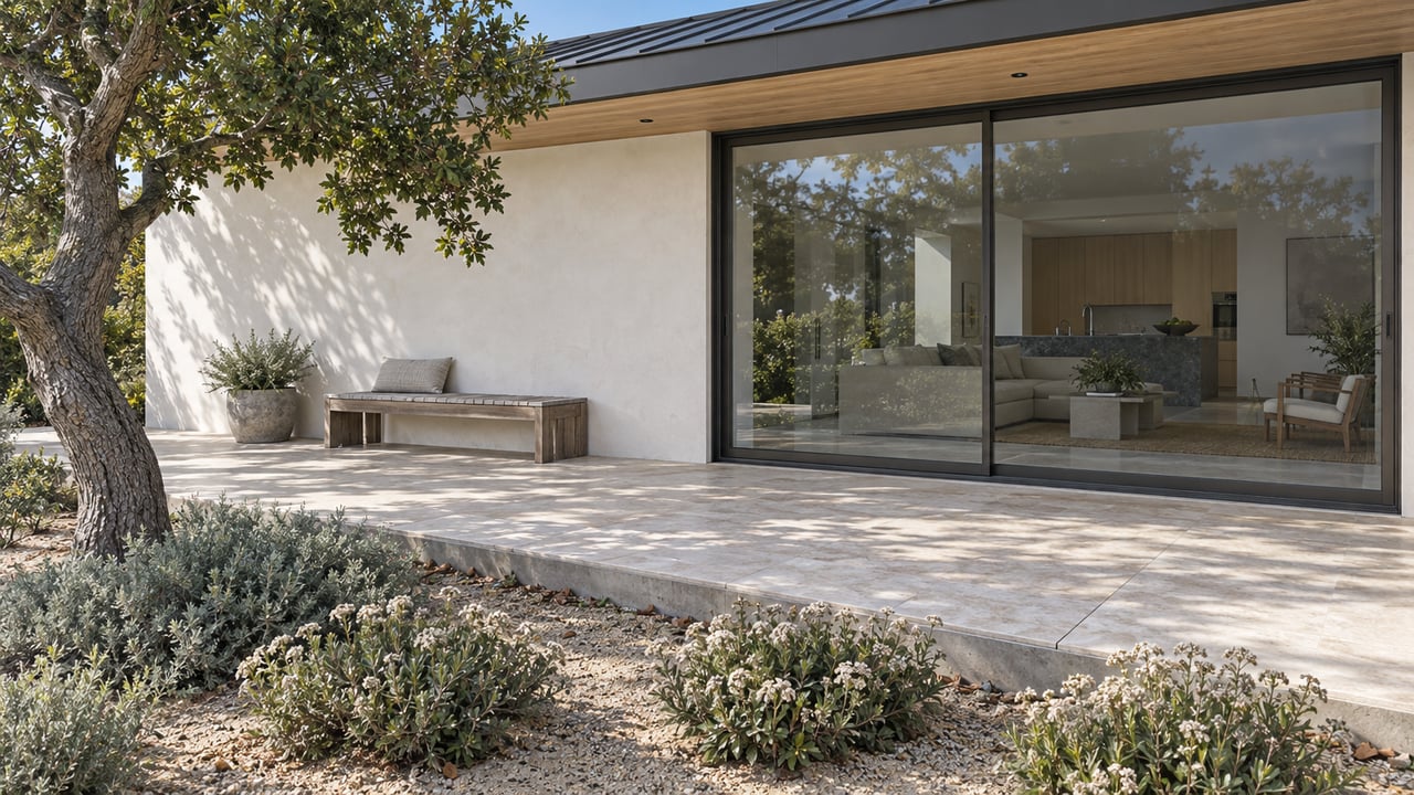 Covered limestone terrace beside a stucco house, with sliding glass doors, teak bench, and sandy garden.