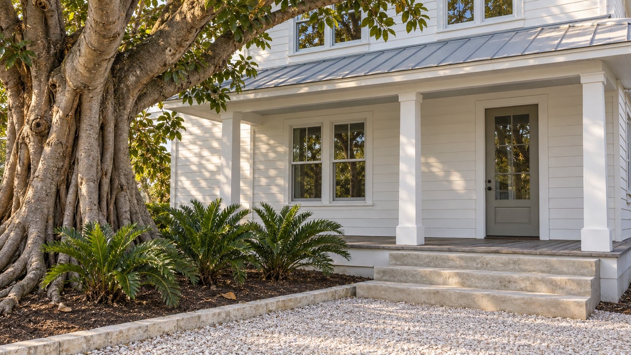 A mature banyan beside a white clapboard home's shaded porch, with shell gravel, concrete steps and coontie planting in warm afternoon light.