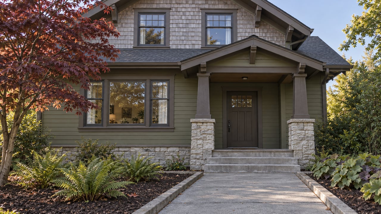Olive-painted gabled home with weathered cedar shingles, stone porch piers and a concrete garden approach beside a burgundy Japanese maple.