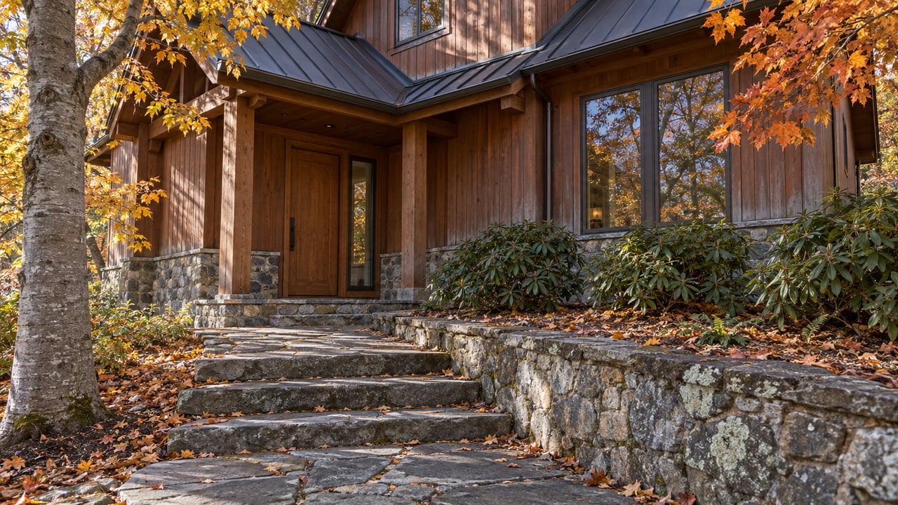 Autumn light on a cedar-clad home with a stone foundation, sheltered oak entry and uphill flagstone approach beneath copper and orange leaves.