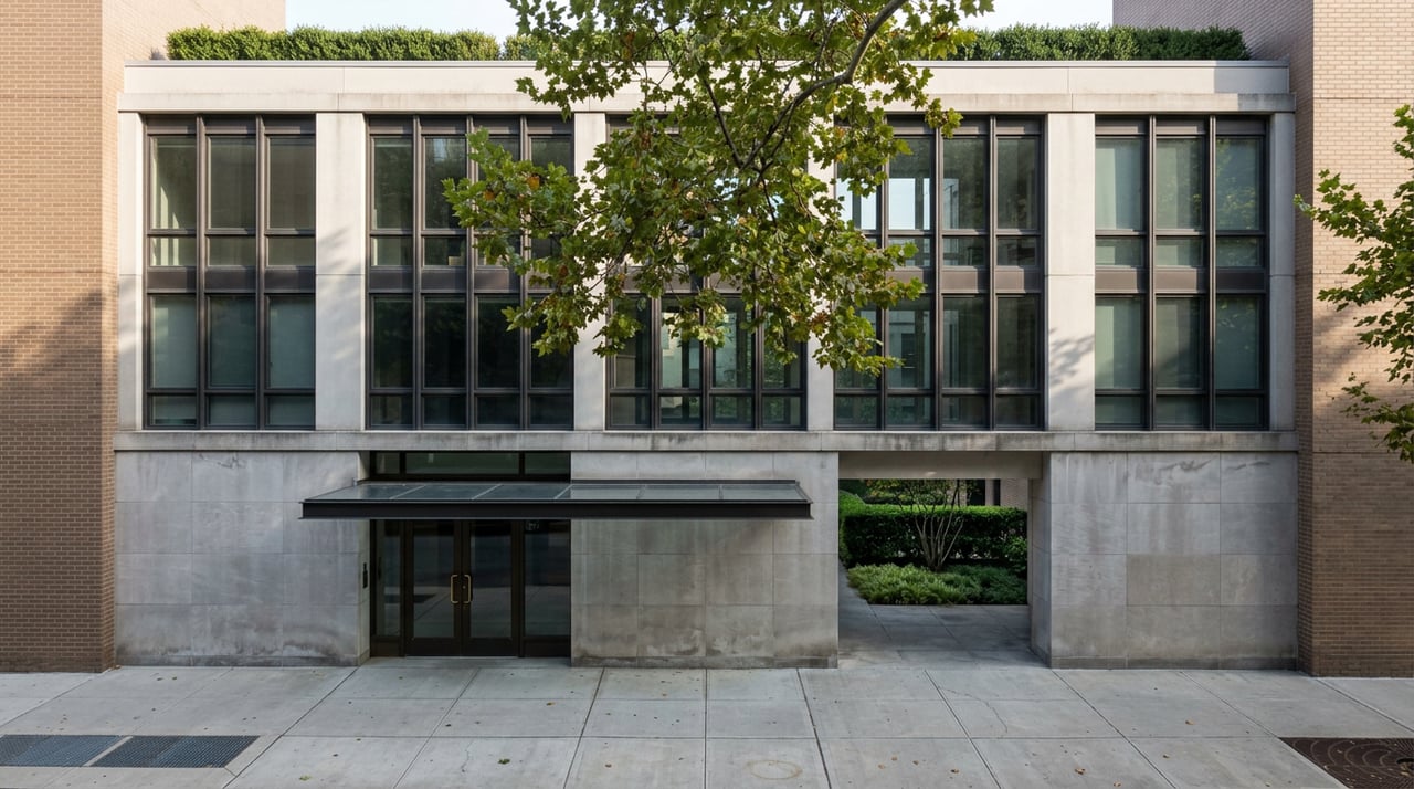 Mid-rise condominium with glass-and-steel facade, recessed courtyard breezeway, street tree, and rooftop greenery.