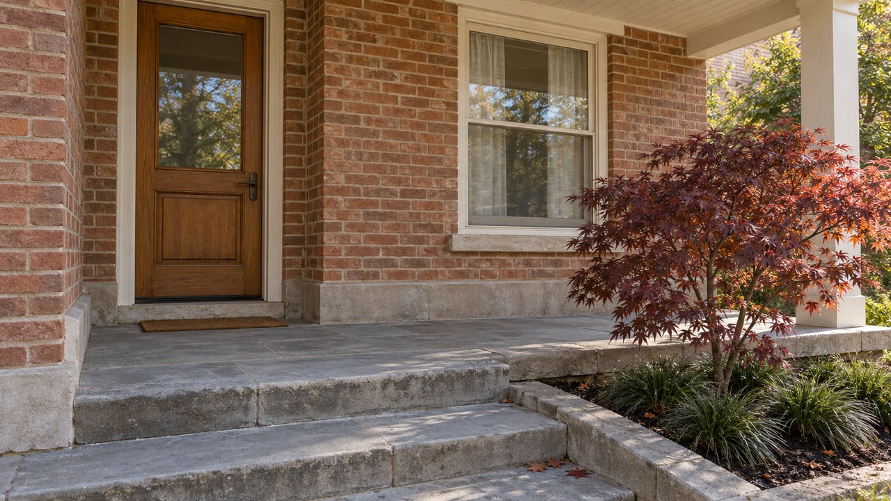 Brick home entry with a glazed oak door, limestone porch steps and a burgundy-leaved Japanese maple in autumn light.