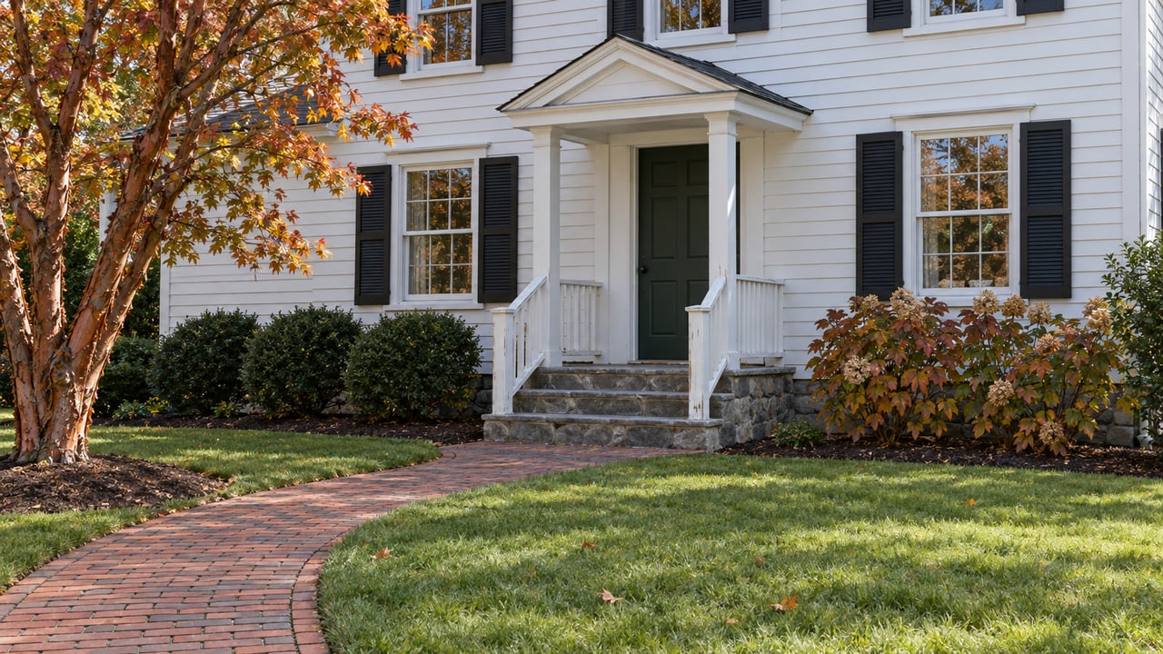 White clapboard home with black shutters, a sheltered green front door, bluestone steps and a brick path through an autumn front garden.