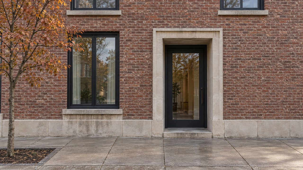 Brick residential entrance with limestone-lined doorway, tall window, and a small tree in the sidewalk.