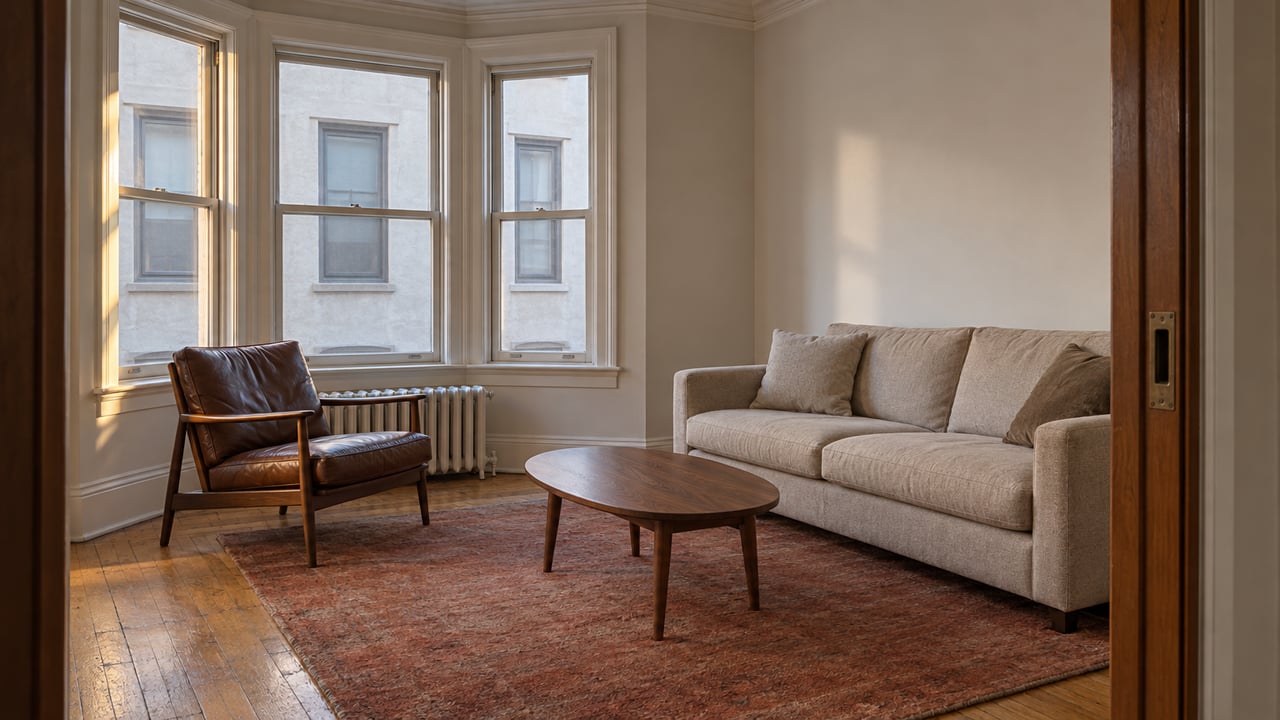 A softly lit apartment parlor with closed timber bay windows, worn oak floors, an oatmeal sofa and a leather walnut chair.
