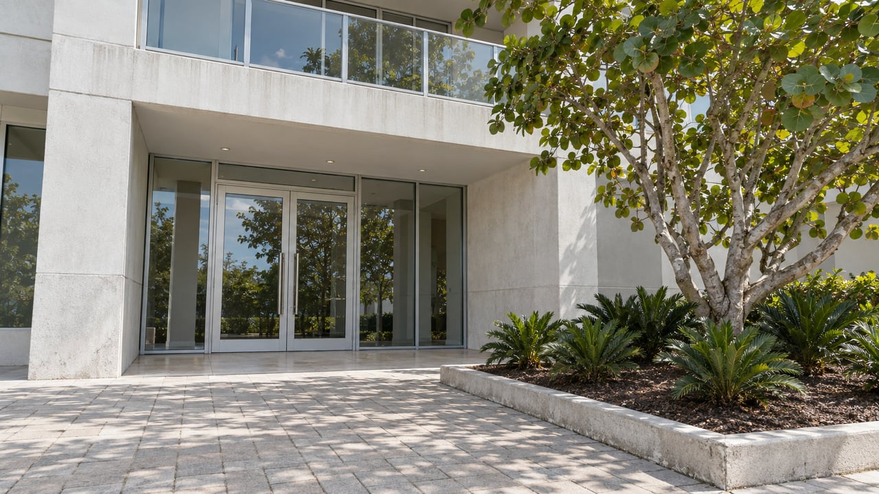 Glazed residential tower entrance beneath an off-white balcony, beside a sea-grape tree and a raised planting bed.