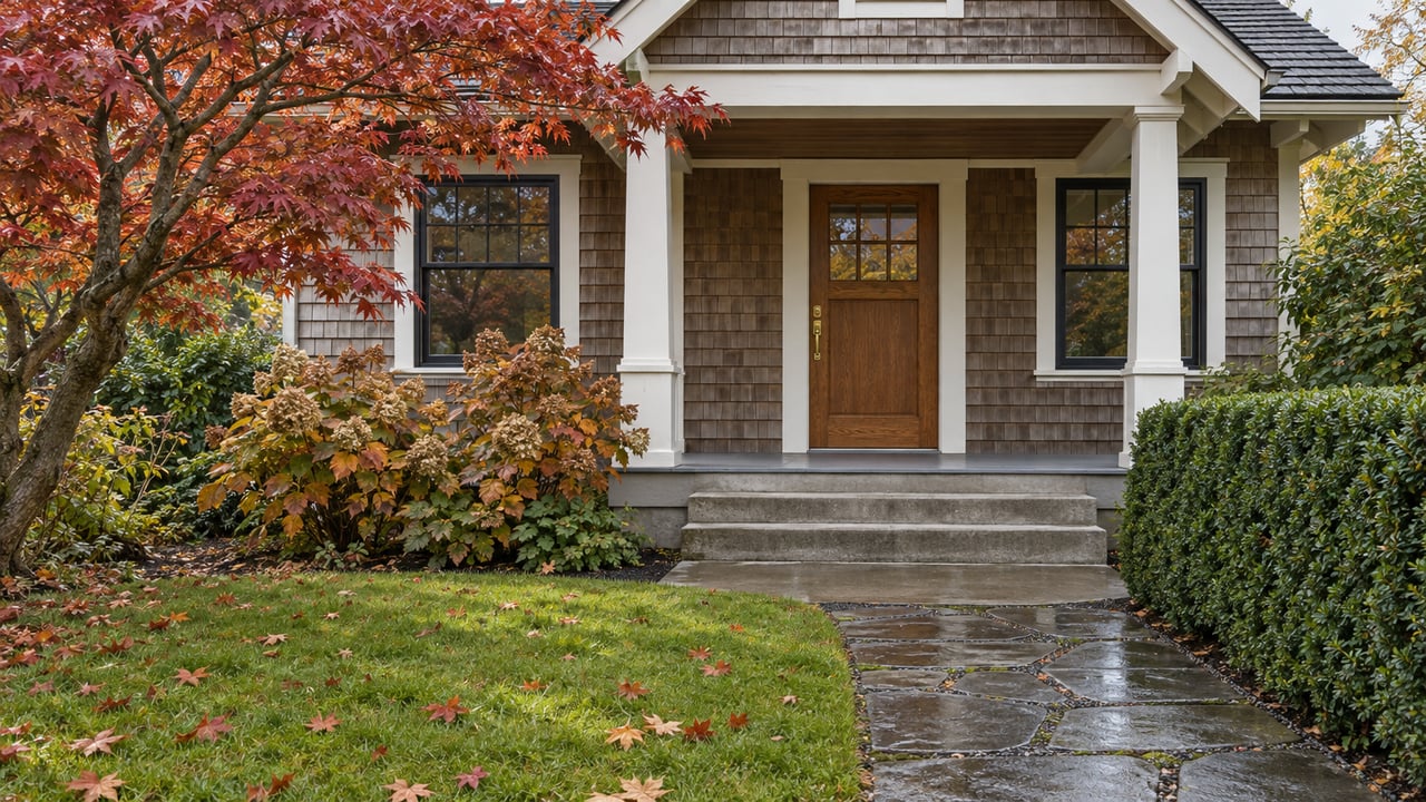 Autumn garden path leading to the covered porch of a weathered cedar-shingle cottage.