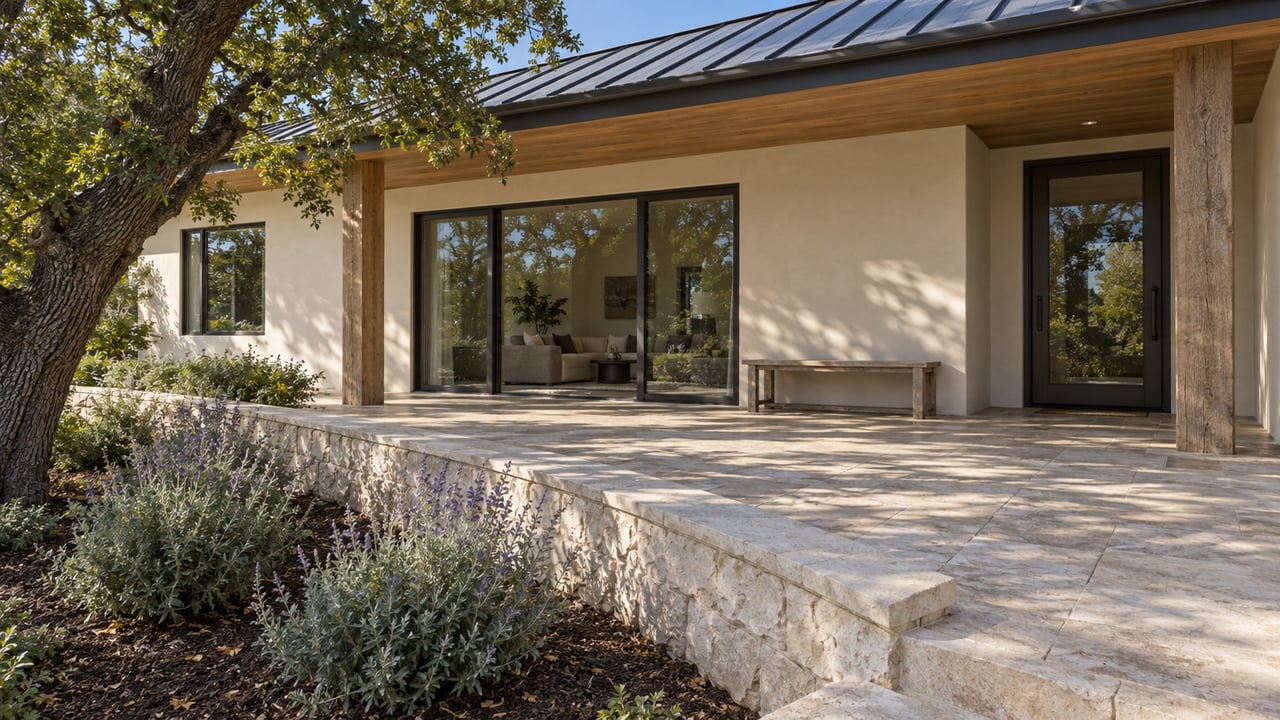 Cream-stucco home with bronze-framed glazing and a timber veranda beside a limestone approach and oak-planted lower terrace.