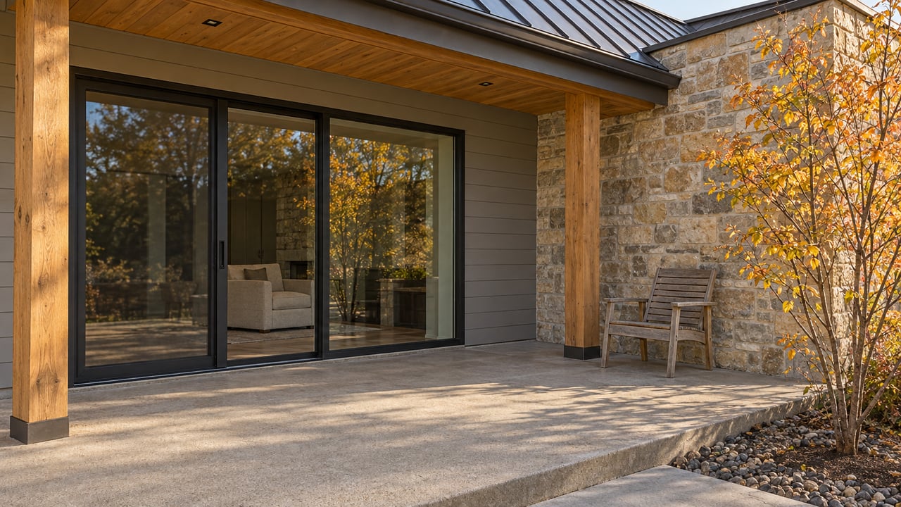 Autumn light across a covered concrete patio with timber posts, sandstone siding and closed black-framed glass doors.